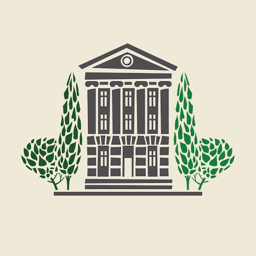 stylized library and trees